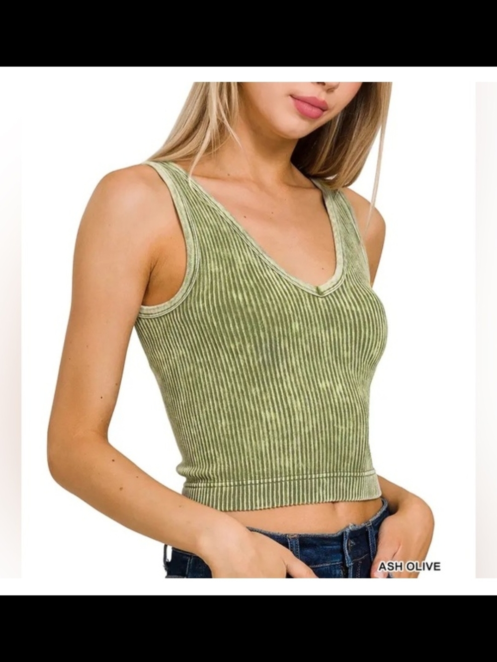 Ash Olive Padded Ribbed V-Neck Crop Tank Top By Zenana-S/M or L/XL NIB